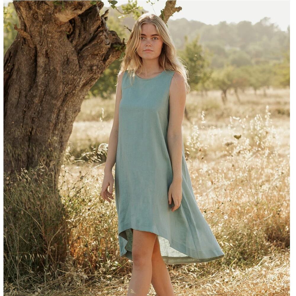 MAGIC LINEN Royal Toscana Linen Dress Teal Blue Sz XL $109 {3P15}